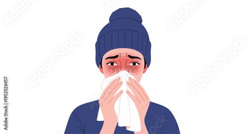 A person in a dark blue beanie and shirt is blowing their nose into a white tissue, looking forward.