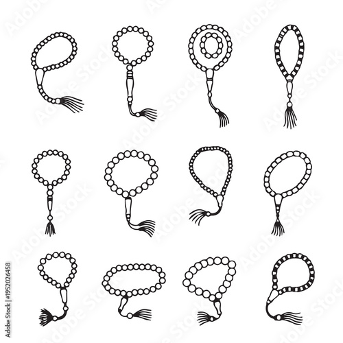 Collection of prayer beads with tassels various designs isolated on white background