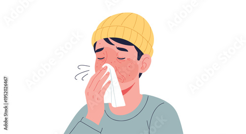 A person wearing a yellow beanie and blue shirt is blowing their nose into a white tissue.
