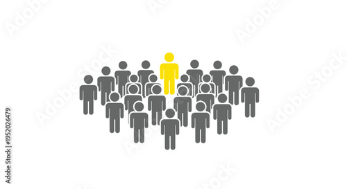A group of grey stick figures surrounds a single yellow stick figure on a plain white background.