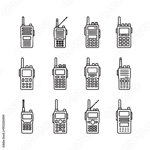 Collection of Radio Transceiver Icons with Antennas and Keypads Line Art