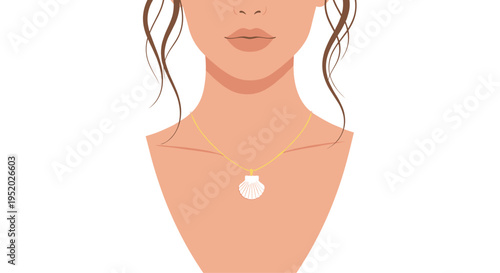An illustration depicts a woman's neck and shoulders wearing a golden chain necklace with a single white seashell pendant against a plain white background.