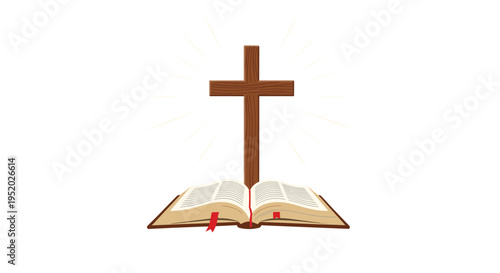 A detailed illustration features a wooden cross with radiating light positioned above an open, brown book containing a red bookmark.