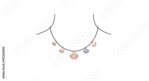 A minimalist illustration shows a delicate dark chain necklace adorned with six pastel seashell charms against a plain white background.