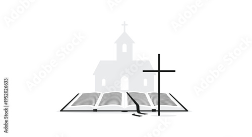 A minimalist illustration displays a faint grey church silhouette behind an open book, with a prominent solid black cross positioned in the foreground.