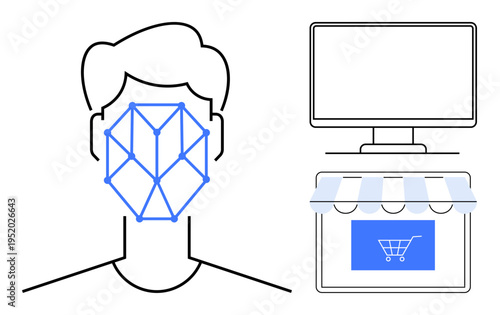 E-commerce, digital identity, authentication, online shopping, cybersecurity, facial recognition. A human face with a facial recognition grid, a computer and a storefront. E-commerce and digital