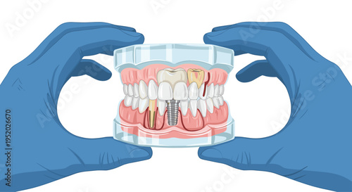 Hands wearing blue gloves hold a transparent dental model of a full jaw, showcasing a dental implant alongside other teeth and gum conditions.