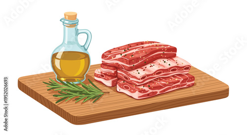 A stack of raw, seasoned short ribs rests on a wooden cutting board alongside a corked bottle of olive oil and several sprigs of fresh rosemary.