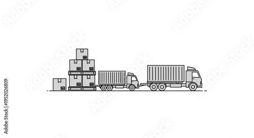 Two grey semi-trucks and a stack of grey cardboard boxes on a pallet are positioned horizontally on a white surface.