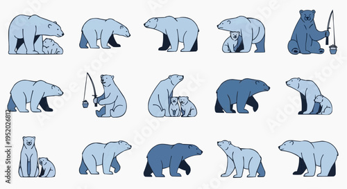 A collection of blue polar bear illustrations in different poses. These drawings showcase various aspects of polar bear life