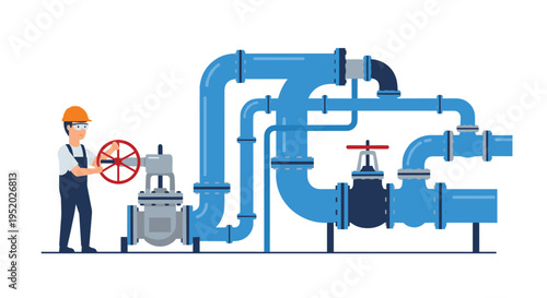 A man in a hard hat turns a large red valve connected to a complex system of blue pipes on a white background.