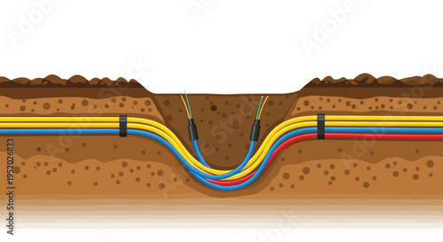 A cross-section of a shallow U-shaped trench in brown soil shows multiple brightly colored cables secured by black clamps.