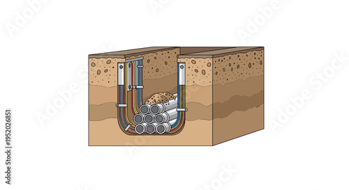 A cross-section of an underground trench reveals bundled white pipes and colored wires within brown soil.
