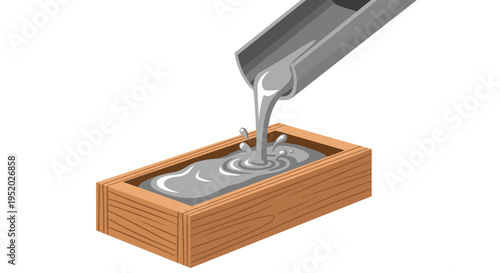 A grey metal chute pours molten silver-colored liquid into a rectangular wooden mold on a clean white background.