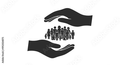Two dark grey hands are cupped around a group of smaller dark grey human figures on a plain white background.
