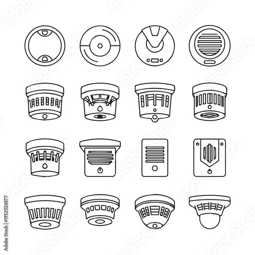 Collection of Smoke Detector Icons Various Designs Line Art White Background