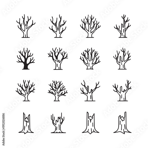Collection of Stylized Bare Tree and Stump Icons Vector Illustration
