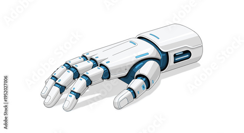 A sleek white robotic forearm and hand with blue accents and subtle pixelation is depicted in an isometric view on a white background.
