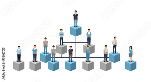 Fifteen diverse human figures stand on blue and grey cubic blocks, forming a three-dimensional organizational chart against a white background.