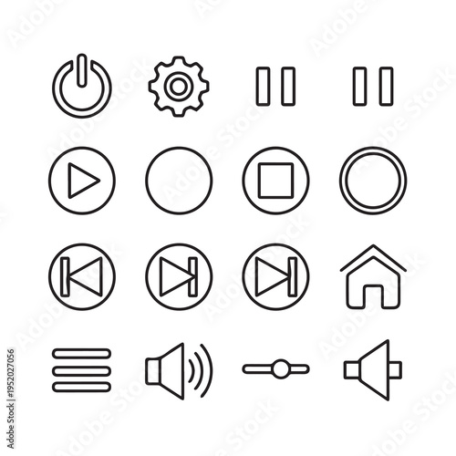 Collection of thin line icons for media player controls settings and home button on white background