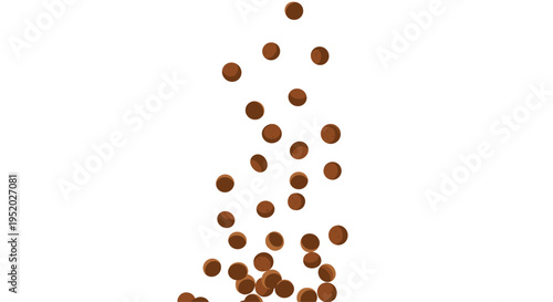 Numerous small, round, brown chocolate candies are falling downwards in a scattered pattern.