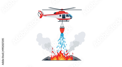 A red and white helicopter hovers above a wildfire, dropping a stream of blue water from a suspended bucket.