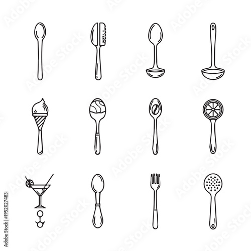 Collection of Diverse Spoon and Utensil Line Art Illustrations