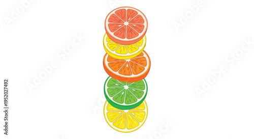 A perfectly vertical stack of five distinct citrus fruit slices is arranged on a white background.