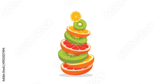A precarious stack of alternating orange, kiwi, and grapefruit slices is balanced on a white background.