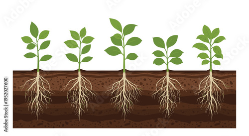Five identical vibrant green plants with exposed white root systems are arranged in a row within a continuous strip of brown soil against a white background.