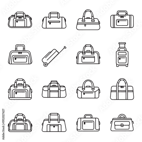Collection of various luggage and duffel bags travel accessories line art icons vector illustration