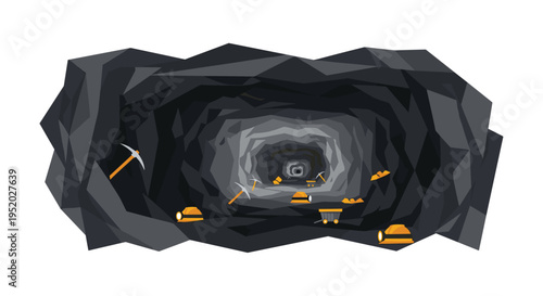 A dark, polygonal mine tunnel features scattered pickaxes, helmets, ore carts, and gold nuggets on its floor, receding into the distance.