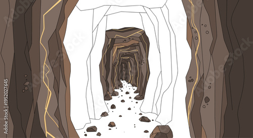 A hand-drawn mine tunnel with rough brown walls and scattered rocks on the path recedes into the distance against a white background.