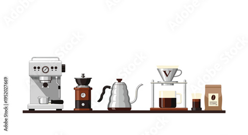 A collection of coffee-making equipment, including an espresso machine, grinder, kettle, and pour-over, is arranged on a shelf.