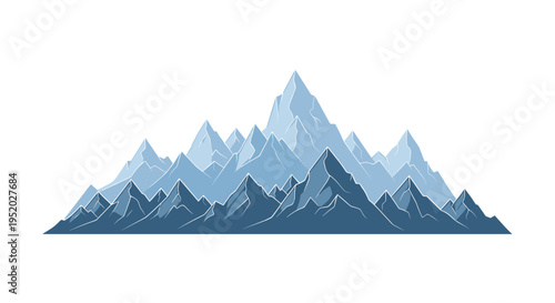 A stylized mountain range with sharp blue and grey peaks stands prominently against a white background.