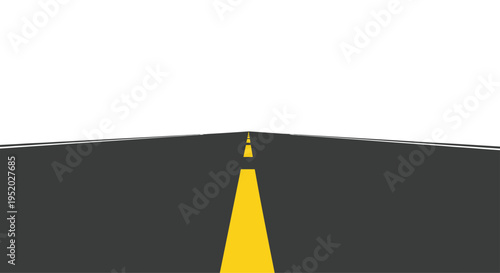 A straight asphalt road with a continuous yellow center line recedes into the distance against a plain white background.