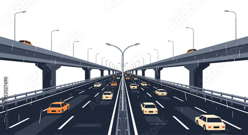 A busy multi-lane highway with two parallel elevated overpasses features numerous pixelated cars and streetlights under a white sky.