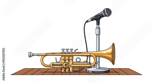 A golden trumpet rests on a wooden surface next to a silver microphone on a stand with a black cord against a white background.
