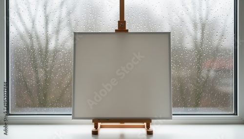 Blank Canvas and Rainy Window: An empty canvas on an easel sits before a rain-streaked window, offering a serene invitation to artistic expression against the backdrop of a melancholic day.