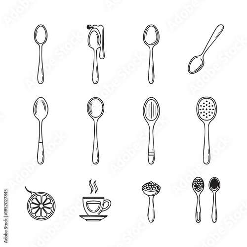Collection of Various Spoons and Cutlery Icons with Citrus Fruit and Coffee Cup