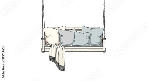 A light wooden swing bench with four pillows and a draped blanket is suspended by ropes against a plain white background.