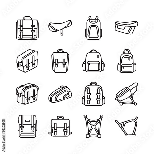 Collection of Vector Icons Representing Various Bags and Backpacks