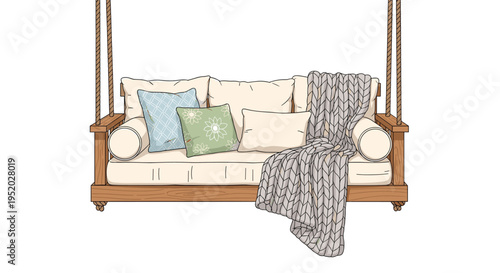 A rustic wooden swing sofa with a cream mattress, three pillows, and a chunky knit blanket is suspended by ropes.