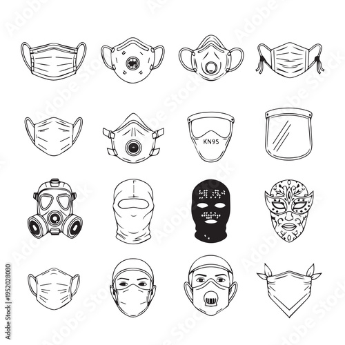 Collection of Face Masks and Coverings: Medical Protective and Decorative Stock Illustration