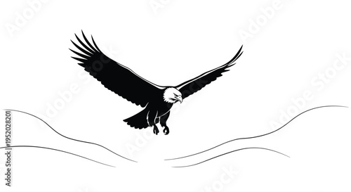 A powerful black silhouette of an eagle in mid-flight with extended wings is depicted above two subtle wavy lines on a plain white background.