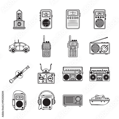 Collection of Vintage Communication Devices and Electronics Icons