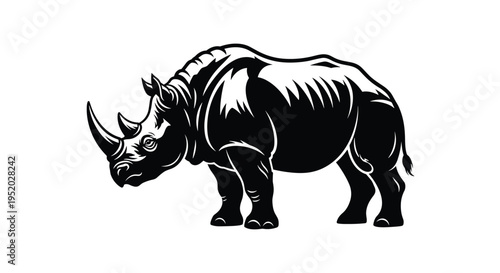 A robust black and white line art illustration of a rhinoceros standing in profile is isolated against a clean white background.