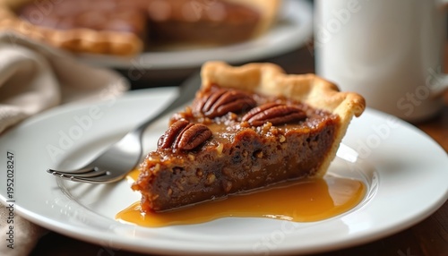 Slice of rich pecan pie with flaky crust on white plate with fork. Warm caramel sauce pools around sweet baked dessert topped with nuts. Ideal for holiday food.