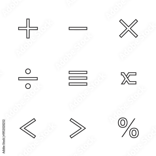 Mathematics Symbols Set A Collection of Basic Arithmetic and Comparison Icons in a Clean, Linear Style