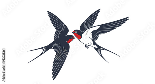 Two stylized swallows with dark plumage and red throats are illustrated in mid-flight facing each other on a plain white background.